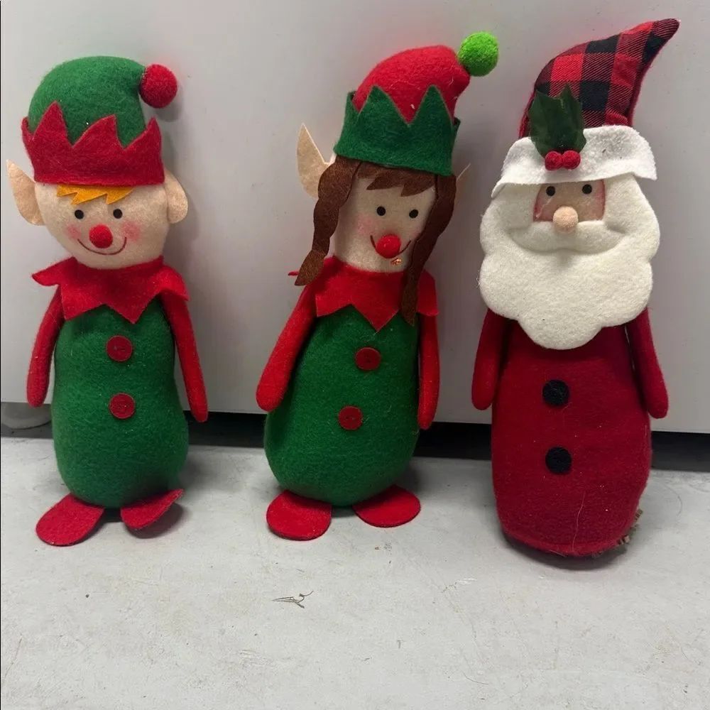 Festive Elf & Santa Plush Set (3) - Felt Weighted Bottoms - LIKE NEW CONDITION